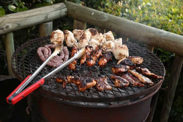 맛있는 고기와 소시지를 곁들인 바베큐 — 스톡 사진