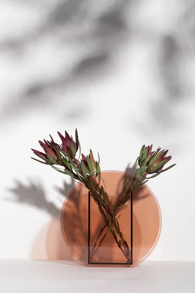 Una Toma Vertical Hermosas Flores Rojas Billbergia Jarrón Vidrio Contra — Foto de Stock