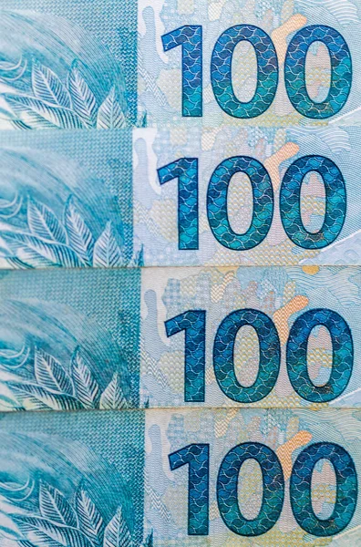 Brazil 100 Reais Bankjegy Sarok Függőleges Közelsége — Stock Fotó