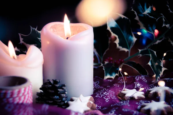 Una Composición Fondo Navidad Luces Hadas Estrellas Jengibre Velas Paño — Foto de Stock