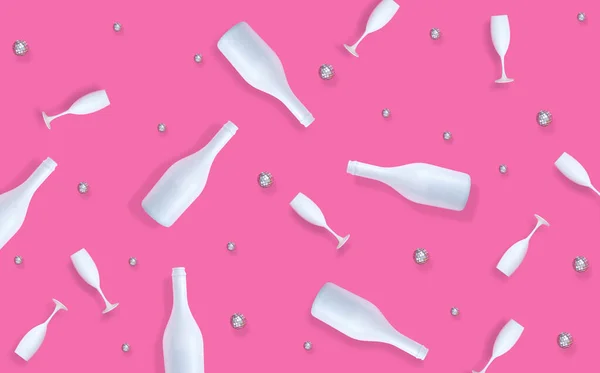 白色香槟酒瓶和玻璃杯的3D渲染 与粉色背景隔离 — 图库照片
