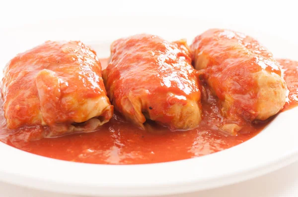 Rollos Col Cerdo Caseros Con Salsa Tomate Picante — Foto de Stock