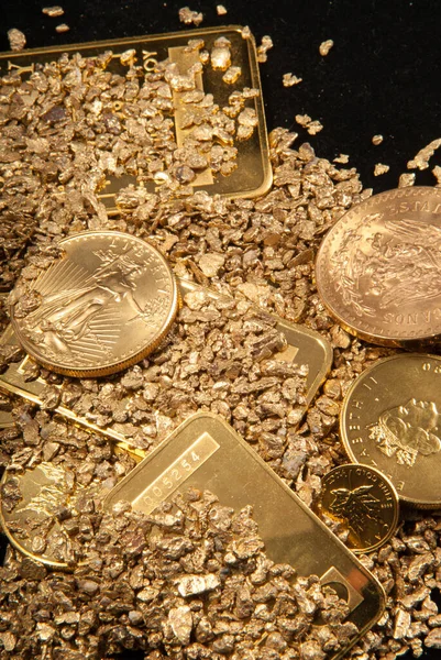Duże Próbki Czystego Złota Różnych Formach Tym Monety Wlewki Sztabki — Zdjęcie stockowe