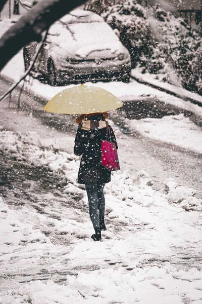 Вертикальний Знімок Жінки Йде Парасолькою Сніжний День — стокове фото