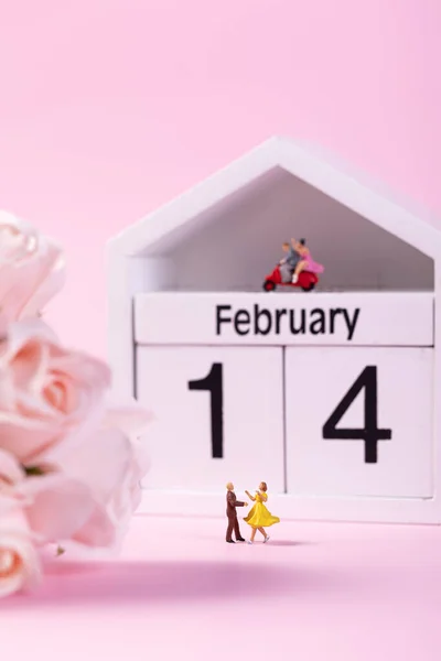 Снимок Кукольной Пары Домашний Календарь Показывающий Февраля День Святого Валентина — стоковое фото