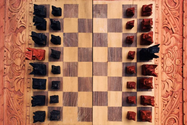 High Angle Shot Wooden Chess Pieces Chessboard — Stock Photo, Image