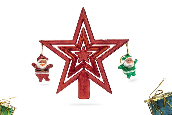 Closeup Shot Christmas Red Star Ornaments Santa Claus Hanging Each — Stock Photo, Image