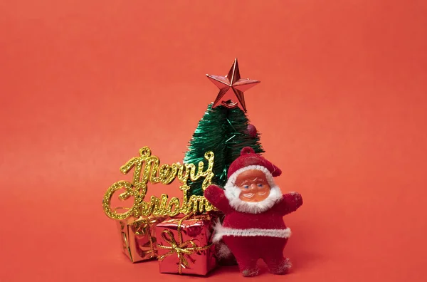 Collage Ornamenti Dell Albero Natale Miniatura Babbo Natale Con Albero — Foto Stock