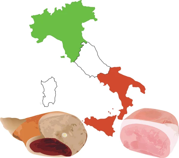 Una Ilustración Del Mapa Italiano Con Jamón Carne Aislados Sobre —  Fotos de Stock