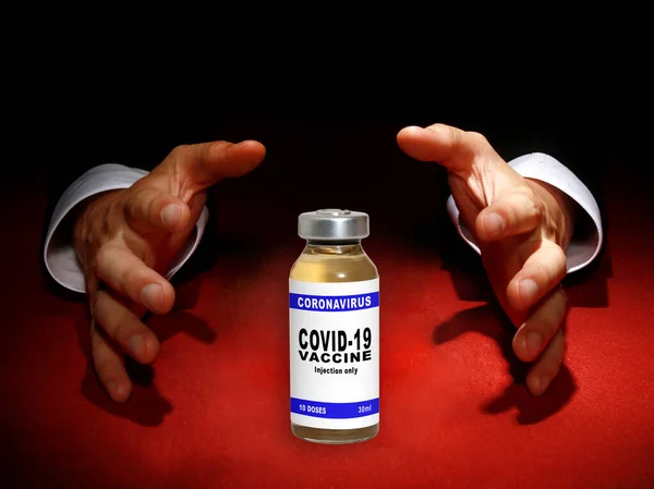 Händerna Tar Tag Covid Vaccinet Konceptet Att Vara Först Med — Stockfoto