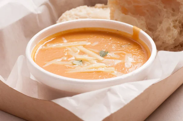 Squash Chickpea Soup Fresh Home Made Bun — Stock Photo, Image