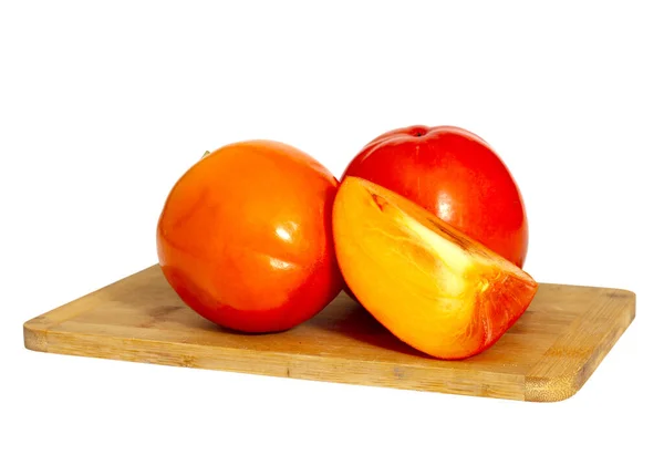 Closeup Persimmon Fruit Wooden Chopping Board White Background — Stock Photo, Image