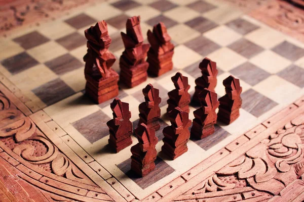 High Angle Shot Wooden Chess Pieces Chessboard — Stock Photo, Image