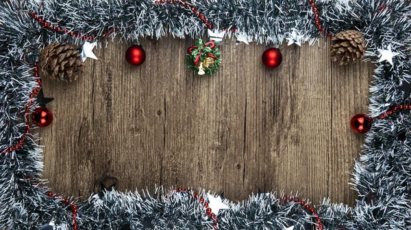 Een Prachtig Kerstframe Met Decoraties Een Houten Achtergrond Met Een — Stockfoto