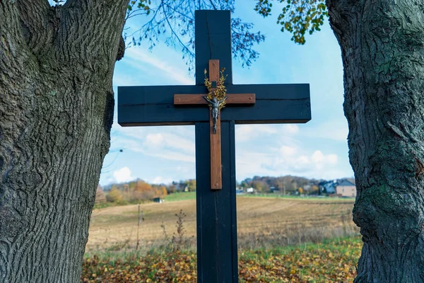 Výstřel Dřevěného Kříže Mezi Stromy — Stock fotografie