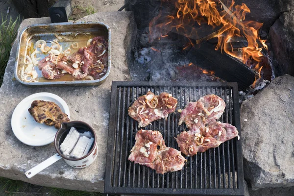 Una Vista Dall Alto Delle Grigliate Carne Barbecue Vicino Alla — Foto Stock