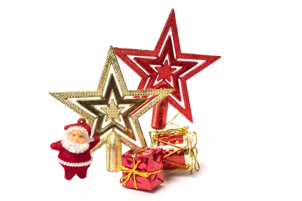 Újévi Dísztárgyak Karácsonyi Csillagok Ajándékdobozok Egy Fényes Dob Egy Mikulás — Stock Fotó