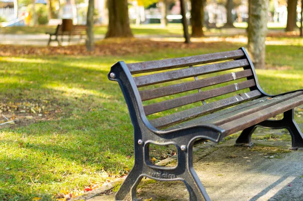 Parktaki Boş Bir Metal Bankın Seçici Odak Noktası — Stok fotoğraf