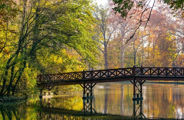 A beautiful view of a bridge over a lake surrounded by trees with autumn leaves