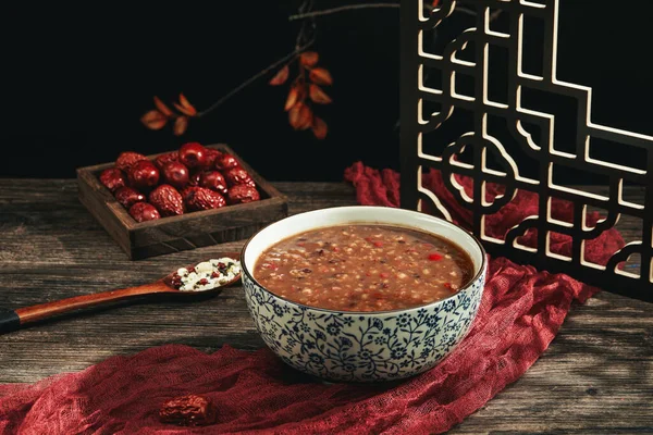 Selective Focus Closeup Bowl Grain Soup Next Ingredients — Stock Photo, Image