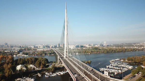 Belgrade Serbia Noviembre 2020 Puente Ada Puente Cable Sobre Río — Foto de Stock