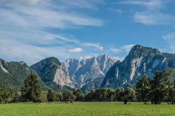 一张美丽的奥地利风景的照片 山上高耸 草地上长满了树木 — 图库照片