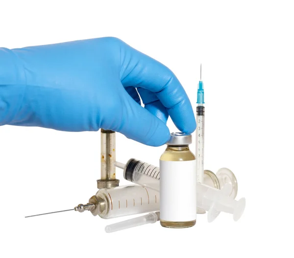 Fechar Mão Com Luvas Enquanto Segura Frascos Seringas Vacina Num — Fotografia de Stock