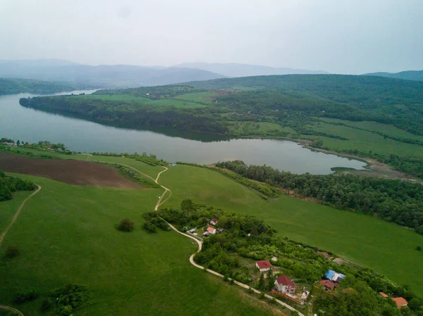 Aerial Shot Green Landscapes Fields River Cloudy Sky Sunny Day — Stock Photo, Image