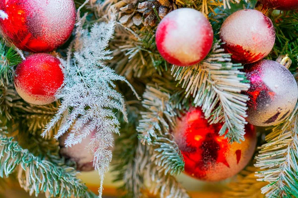 クリスマスツリーの上に吊るされた赤い光沢のある装飾品のクローズアップ — ストック写真