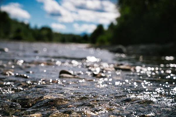 Enfoque Selectivo Del Agua Cristalina Que Fluye Río Rocoso Parque — Foto de Stock