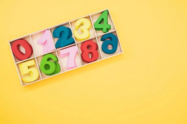 Math Game Junior Age Colored Wooden Signs Numbers — Stock Photo, Image