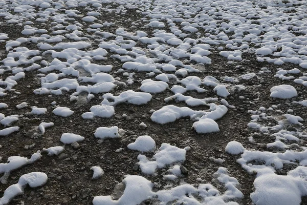 High Angle View Frosty Ground Covered White Patches Snow Winter — Stock Photo, Image