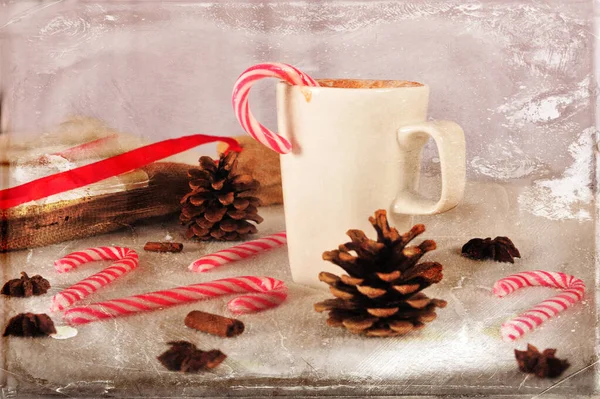 Stained Mug Hot Chocolate Candy Cane Digital Texture Layers — Stock Photo, Image
