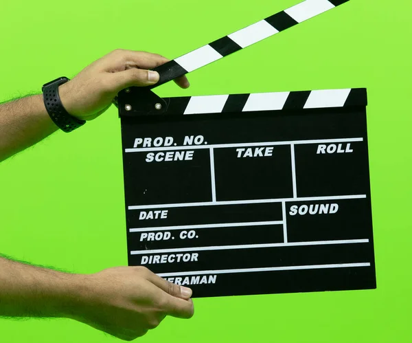 Men Hand Holding Camera Slate Filming Isolated Green Background Clapperboard — Stock Photo, Image
