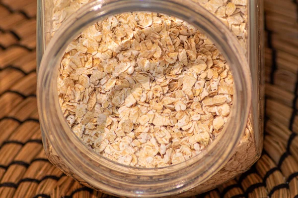 Closeup Shot Oat Flakes Glass Container — Stock Photo, Image