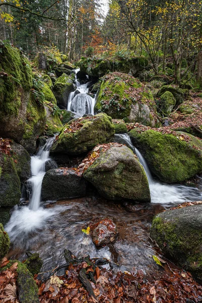 紅葉と苔むした石で覆われた黒い森の神秘的な滝のクローズアップ — ストック写真