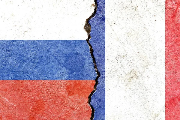Ruská Francouzská Vlajka Popraskané Zdi Politika Válka Konfliktní Koncepce — Stock fotografie