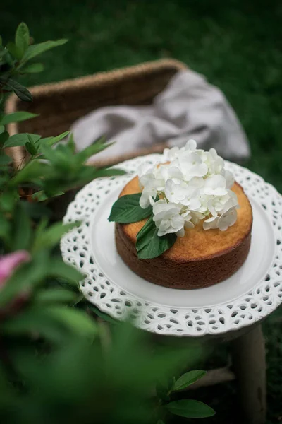 Almond Cake Displayed White Serving Plate Decorated White Hydrangeas Garden — Stock Photo, Image