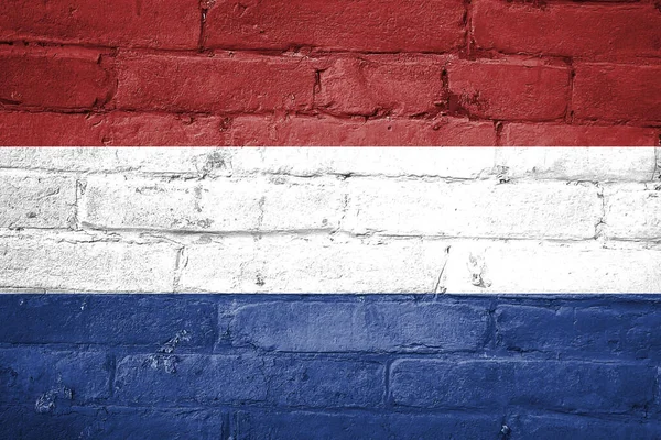Tiro Bandeira Holandesa Pintado Uma Parede Tijolo — Fotografia de Stock