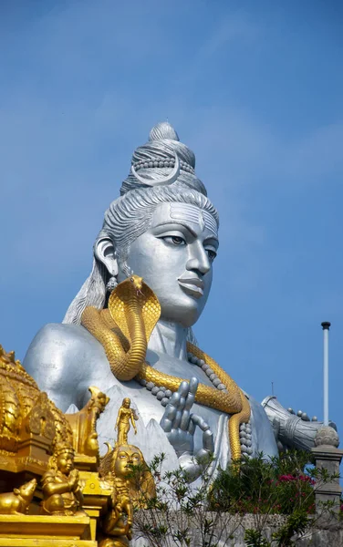Vertical Shot Beautiful Murudeshwara Temple Blue Statue Man Golden Snake — Stock Photo, Image