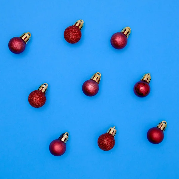 Red Christmas Ball Patterns Solid Blue Background Balls Different Textures — Stock Photo, Image