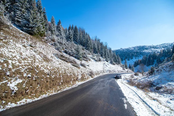 Tiro Perto Uma Estrada Vazia Cercada Por Árvores Inverno — Fotografia de Stock