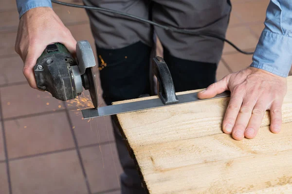 Carpenter Process Making Wooden Table — Stock Photo, Image