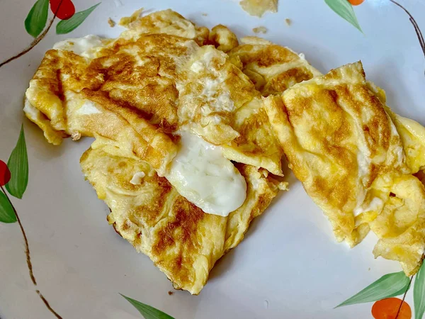 Una Toma Vista Superior Deliciosos Huevos Fritos Caseros Plato —  Fotos de Stock