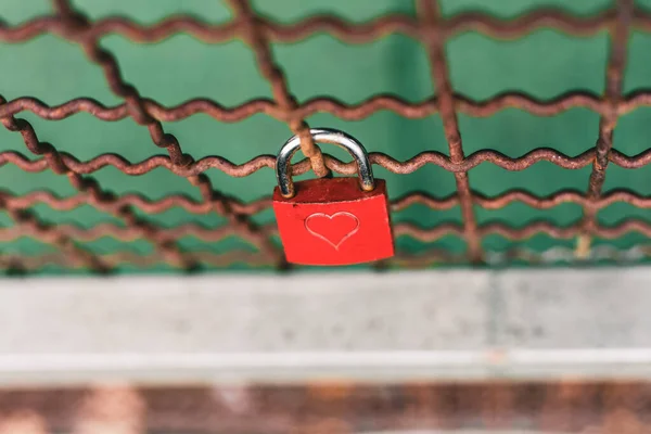 Tiro Ângulo Alto Uma Fechadura Amor Anexada Uma Grelha — Fotografia de Stock