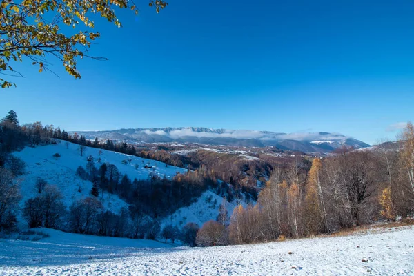 Uma Bela Paisagem Vale Com Montanhas Cobertas Florestas Nevadas Inverno — Fotografia de Stock