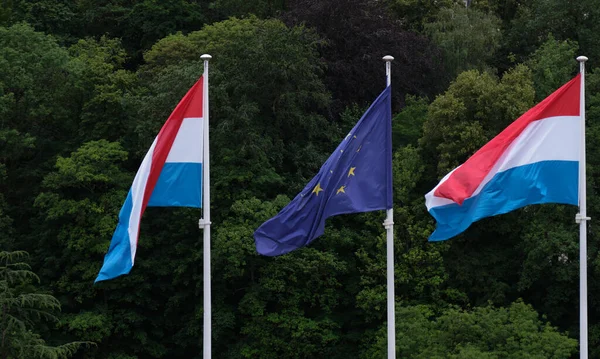 Disparo Vertical Las Dos Banderas Luxemburgo Una Bandera Unión Europea —  Fotos de Stock