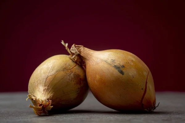 Two shiny brown skin onions in studio low key still life macro closeup contrasted against a dark red background and atmospheric spotlight