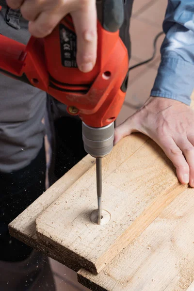 Vertical Shot Carpenter Process Making Wooden Table — Stock Photo, Image