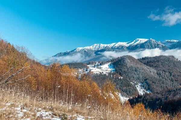 Uma Bela Paisagem Vale Com Montanhas Cobertas Florestas Nevadas Inverno — Fotografia de Stock